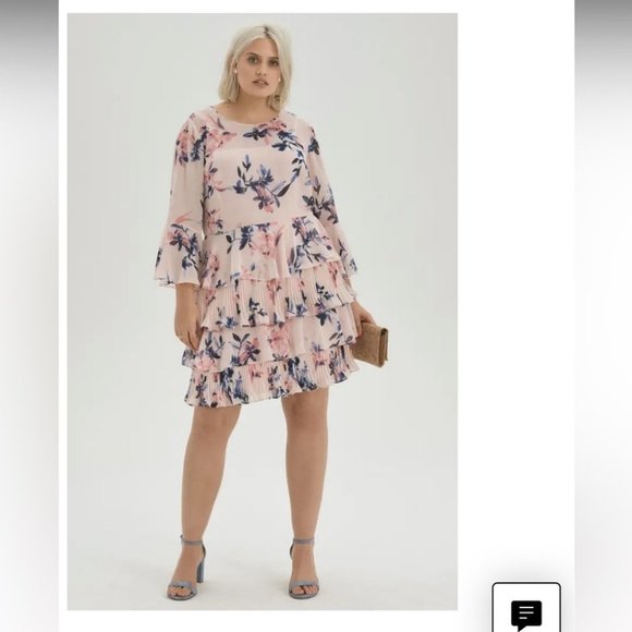NWT Eliza J pink floral bell sleeve tiered ruffle dress 16W - Picture 12 of 16